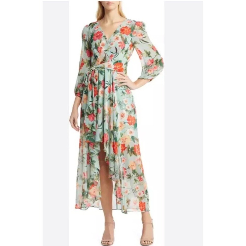 Eliza J Floral 3/4 Balloon Sleeve Faux Wrap Hi-Lo Maxi Dress 6 NWT EJ2M9524